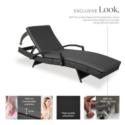 tectake Océane Aluminum Rattan Sun Lounger in Black - Size: 1 Seater - thumbnail 3