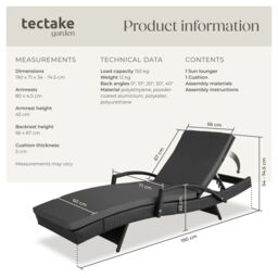 tectake Océane Aluminum Rattan Sun Lounger in Black - Size: 1 Seater - thumbnail 6