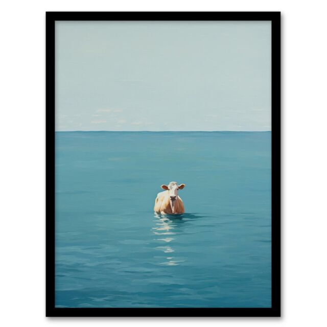 "Wee Blue Coo Wall Art Print Open Water Swimming Cow Bath Oil Painting Blue Tan Art Framed - Size: W12"" x H16""" - image 1