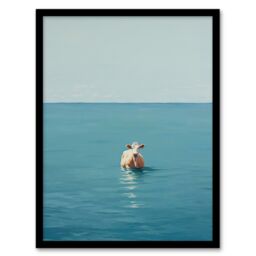 "Wee Blue Coo Wall Art Print Open Water Swimming Cow Bath Oil Painting Blue Tan Art Framed - Size: W12"" x H16""" - thumbnail 1