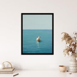 "Wee Blue Coo Wall Art Print Open Water Swimming Cow Bath Oil Painting Blue Tan Art Framed - Size: W12"" x H16""" - thumbnail 4