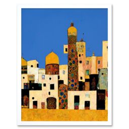 "Artery8 Wall Art Print Klimt Style Moroccan Cityscape Blue Gold Art Framed in White - Size: W12"" x H16""" - thumbnail 1