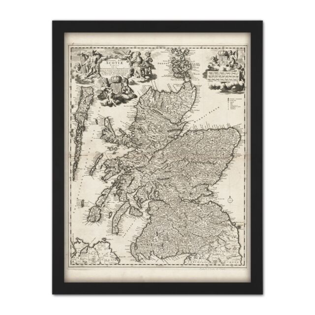 "Artery8 Wall Art Print Visscher 1689 Pictorial Map Kingdom Scotland Large Framed Wall Décor Art in White - Size: W18"" x H24""" - image 1