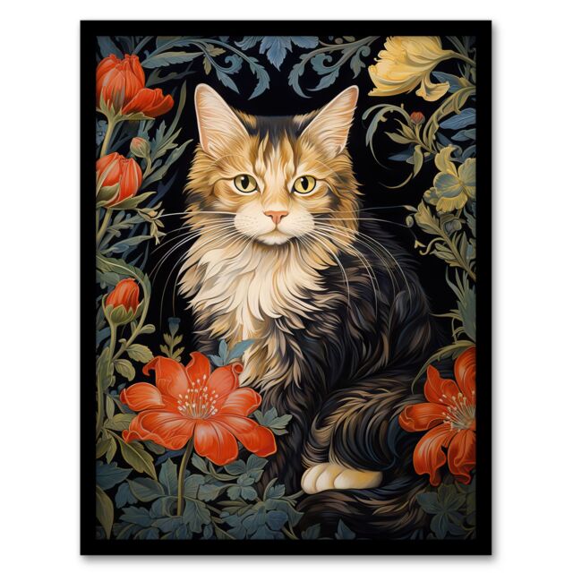Artery8 Wall Art Print Stylish Maine Coon Cat Flowers Floral Design William Morris Style Art Framed in Black - Size: A4 - image 1
