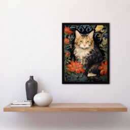 Artery8 Wall Art Print Stylish Maine Coon Cat Flowers Floral Design William Morris Style Art Framed in Black - Size: A4 - thumbnail 4