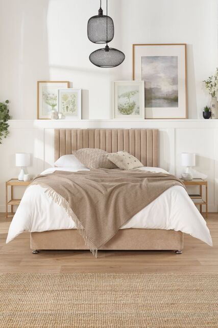 Aspire Grant Divan, Linen Fabric, Strutted Headboard, No Drawers in Light Sand - Size: Small Double - image 1