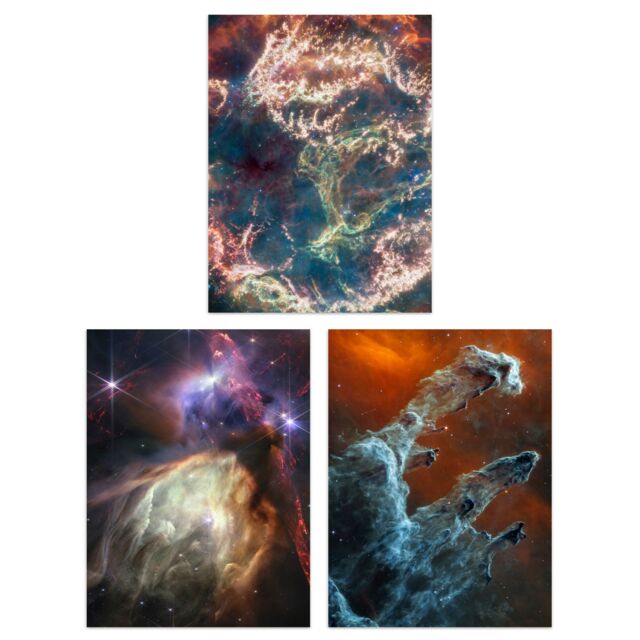 Artery8 Wall Art Print Pack of 3 NASA James Webb Pillars of Creation Rho Ophiuchi Cloud Complex Cassiopeia A Images Large Poster Set - image 1