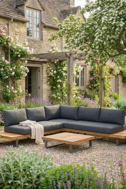 Dibor Wooden Corner Garden Sofa Set Furniture with Cushions & Coffee Table in Grey - image 1