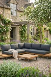 Dibor Wooden Corner Garden Sofa Set Furniture with Cushions & Coffee Table in Grey - thumbnail 1