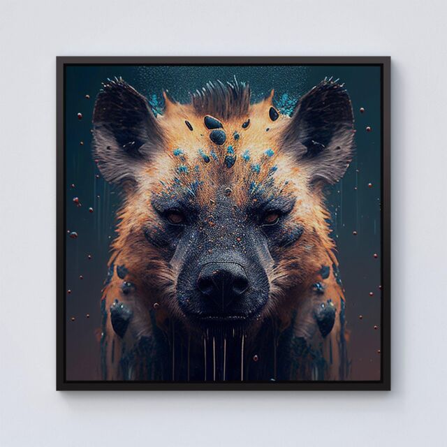 "Warren Reed - Designer Hyena Face Splashart Dark Background Framed Canvas in Black - Size: W16"" x H16""" - image 1