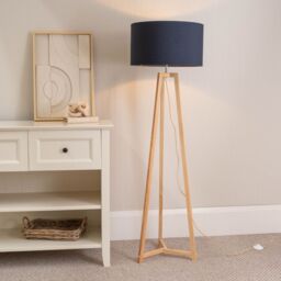 ValueLights Lottie Natural Wood Tripod Floor Lamp with Fabric Drum Shade in Navy