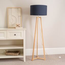 ValueLights Lottie Natural Wood Tripod Floor Lamp with Fabric Drum Shade in Navy - thumbnail 3