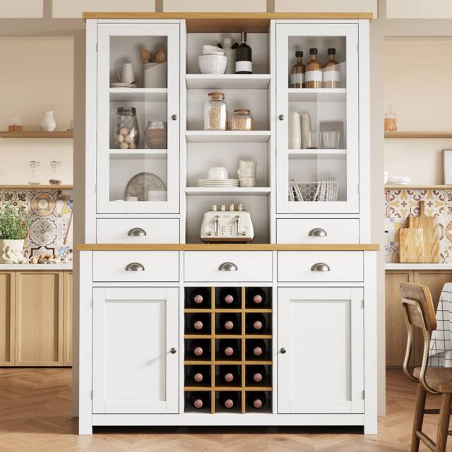 BTM Kitchen Pantry Cabinet Wine Rack Drawers Glass Doors Storage in White - image 1