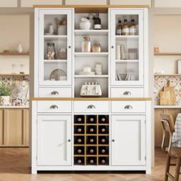 BTM Kitchen Pantry Cabinet Wine Rack Drawers Glass Doors Storage in White - thumbnail 1