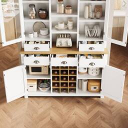 BTM Kitchen Pantry Cabinet Wine Rack Drawers Glass Doors Storage in White - thumbnail 4