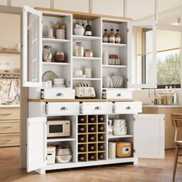 BTM Kitchen Pantry Cabinet Wine Rack Drawers Glass Doors Storage in White - thumbnail 3