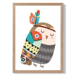 ARTZE Owl Tribal Animal Framed Print SIZE: A4 with Oak Frame in Grey