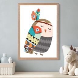 ARTZE Owl Tribal Animal Framed Print SIZE: A4 with Oak Frame in Grey - thumbnail 2