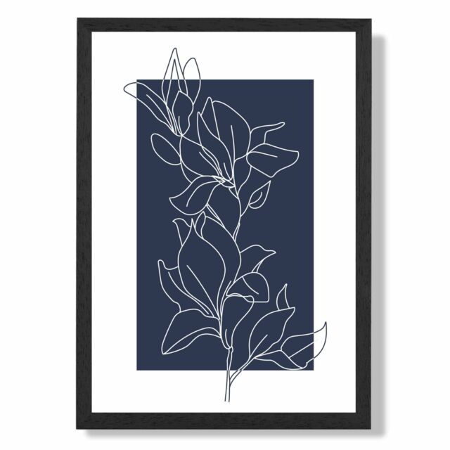 ARTZE Abstract Navy Blue & White Floral Line Art Framed Print SIZE: A4 with Black Frame - image 1
