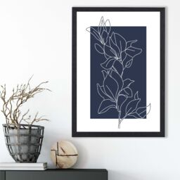 ARTZE Abstract Navy Blue & White Floral Line Art Framed Print SIZE: A4 with Black Frame - thumbnail 2