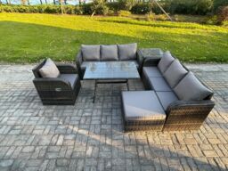 Fimous Outdoor Lounge Sofa Set Wicker PE Rattan Garden Furniture Set with Rectangular Dining Table Reclining Chair Big Footstool Side Table - thumbnail 2