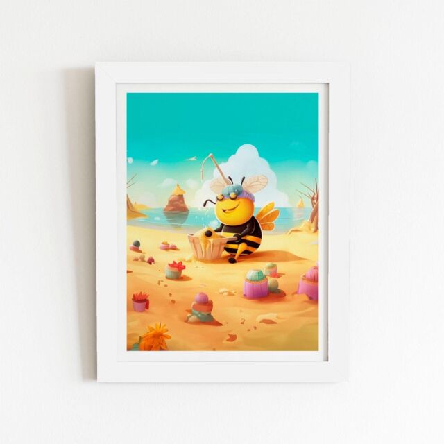 "Warren Reed - Designer Bumblebee On A Beach Holiday Framed Art Print in White - Size: W12"" x H16""" - image 1