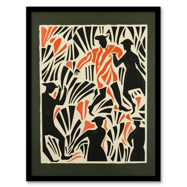 Artery8 Dancing Folk Bold Red Black Linograph Design Framed Art Print - Size: A4 - image 1