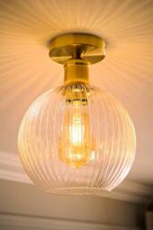 ValueLights Maddison Clear Rib Glass Globe Flush Ceiling Light with Filament Bulb in Gold