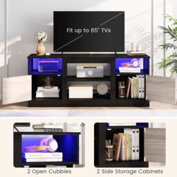 "Costway Entertainment Center TV Stand w/ LED Lights for 65"" TVs in Black" - thumbnail 7