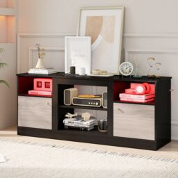 "Costway Entertainment Center TV Stand w/ LED Lights for 65"" TVs in Black" - thumbnail 9