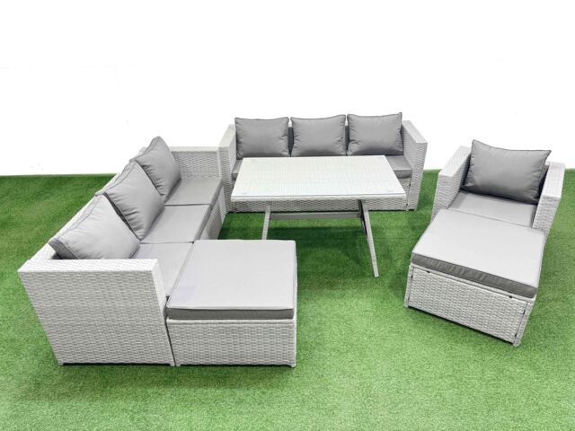 Fimous 9-seater Patio 3 Seater Sofa Armchair Set with 2 Big Stools in Light Grey - image 1
