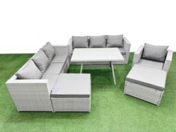 Fimous 9-seater Patio 3 Seater Sofa Armchair Set with 2 Big Stools in Light Grey - thumbnail 1
