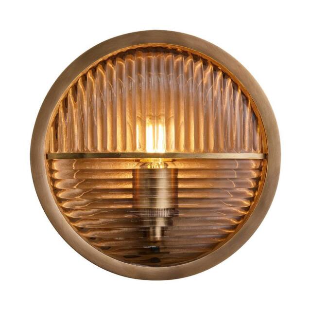Industville Bulkhead Outdoor & Bathroom Round Wall Light - Brass - Ribbed Glass in Metallic Gold - Size: Medium - image 1