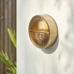 Industville Bulkhead Outdoor & Bathroom Round Wall Light - Brass - Ribbed Glass in Metallic Gold - Size: Medium - thumbnail 2