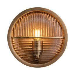 Industville Bulkhead Outdoor & Bathroom Round Wall Light - Brass - Ribbed Glass in Metallic Gold - Size: Medium - thumbnail 1