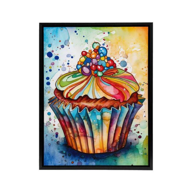 "Artery8 Cupcake Vibrant Watercolour Kitchen Decor Framed Canvas Wall Art Print - Size: W12"" x H16""" - image 1