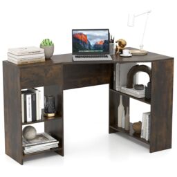 Gymax L-Shaped Desk Compact Corner Executive Desk With Shelves-Dark Brown in Dark Brown