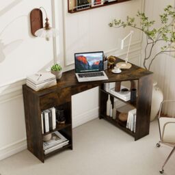 Gymax L-Shaped Desk Compact Corner Executive Desk With Shelves-Dark Brown in Dark Brown - thumbnail 3