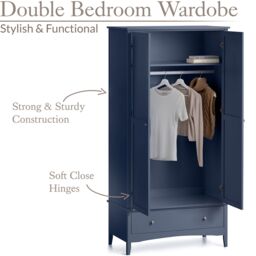Christow Navy Double Wardrobe with Drawer 2 Door Bedroom Storage Furniture Cupboard - thumbnail 3