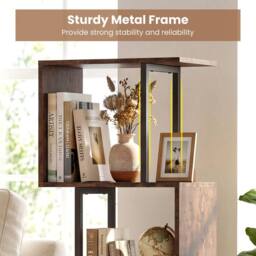Costway 6-Tier Bookshelf Industrial Bookcase Wooden S-Shaped Storage Organizer in Brown - thumbnail 4