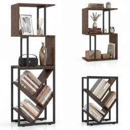 Costway 6-Tier Bookshelf Industrial Bookcase Wooden S-Shaped Storage Organizer in Brown - thumbnail 1