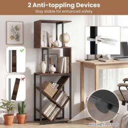 Costway 6-Tier Bookshelf Industrial Bookcase Wooden S-Shaped Storage Organizer in Brown - thumbnail 5