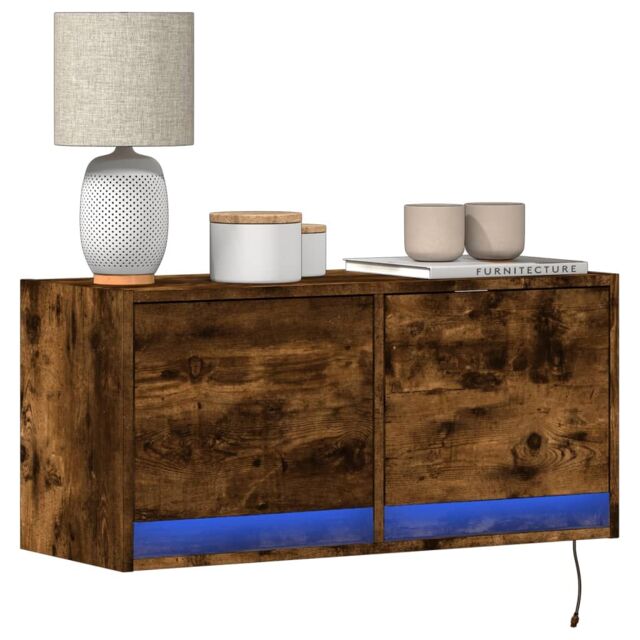 Berkfield Home TV Wall Cabinet with LED Lights Smoked Oak 80x31x35 cm in Brown - Size: 80 x 31 x 35 cm - image 1
