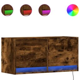 Berkfield Home TV Wall Cabinet with LED Lights Smoked Oak 80x31x35 cm in Brown - Size: 80 x 31 x 35 cm - thumbnail 2