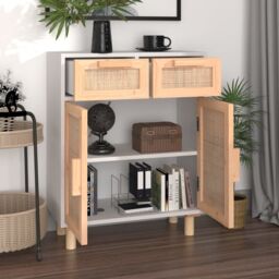 Berkfield Home Sideboard White 60x30x75 cm Solid Wood Pine & Natural Rattan - Size: 60 x 30 x 75 cm - thumbnail 3