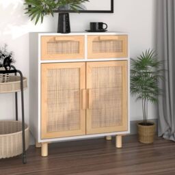 Berkfield Home Sideboard White 60x30x75 cm Solid Wood Pine & Natural Rattan - Size: 60 x 30 x 75 cm