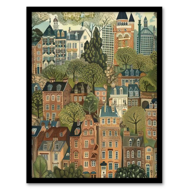 "Artery8 Townhouses in Trees Cityscape Painting Framed Art Print - Size: W12"" x H16""" - image 1