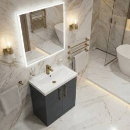 Balterley Bathroom 2 Soft Close Door Floor Vanity, Ceramic Basin, Grey, 600mm in Grey - thumbnail 4