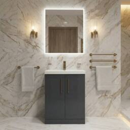 Balterley Bathroom 2 Soft Close Door Floor Vanity, Ceramic Basin, Grey, 600mm in Grey - thumbnail 2