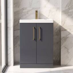 Balterley Bathroom 2 Soft Close Door Floor Vanity, Ceramic Basin, Grey, 600mm in Grey - thumbnail 6